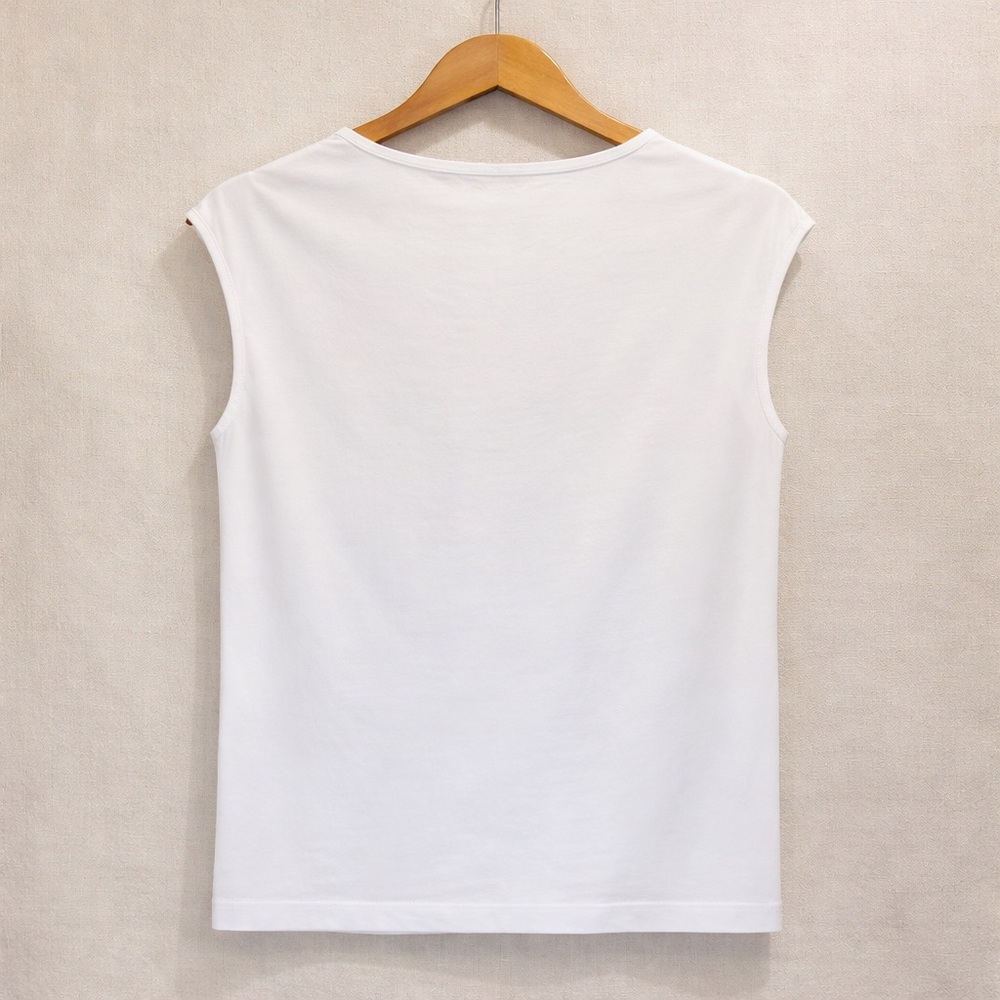 PIERRE BALMAIN Sleeveless Logo Top Cotton Gold Button Shoulder White Tee - Picture 3 of 9
